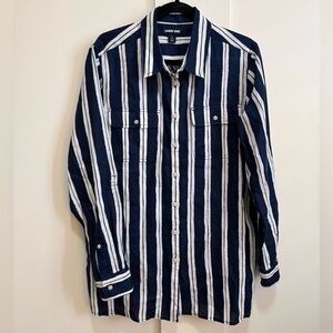 Lands End Linen Button Down Striped Top Camp Shirt Long Sleeve Tunic Resort Vaca